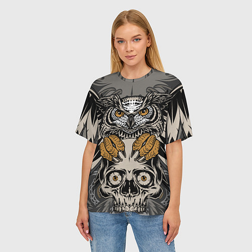 Женская футболка оверсайз Сова с черепом Owl with Skull / 3D-принт – фото 3