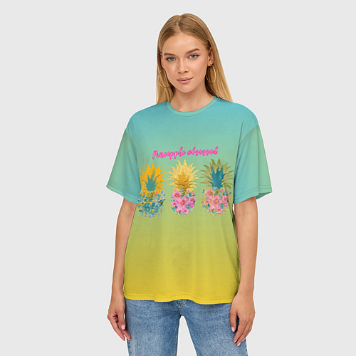 Женская футболка оверсайз Сочные разноцветные ананасы / 3D-принт – фото 3