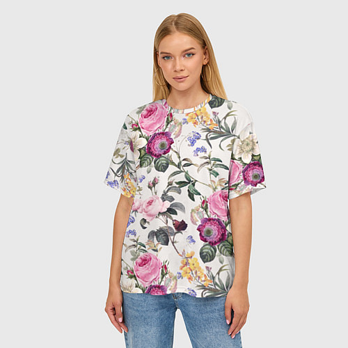 Женская футболка оверсайз Цветы Сказочные Розы и Герберы / 3D-принт – фото 3