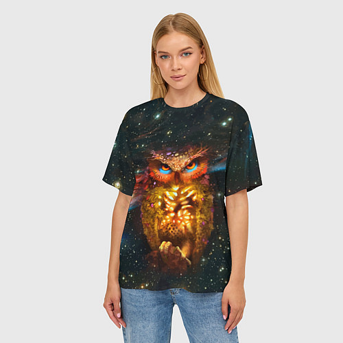 Женская футболка оверсайз Космический взгляд совы / 3D-принт – фото 3