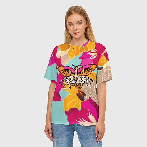 Женская футболка оверсайз Цветы, бабочка и морда тигра / 3D-принт – фото 3