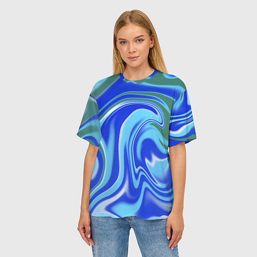 Женская футболка оверсайз Тай-дай с синим, зелёным и белым цветом / 3D-принт – фото 3