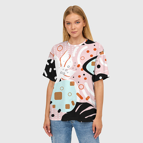 Женская футболка оверсайз Абстрактные фигуры с пальмовыми листами на розовом / 3D-принт – фото 3