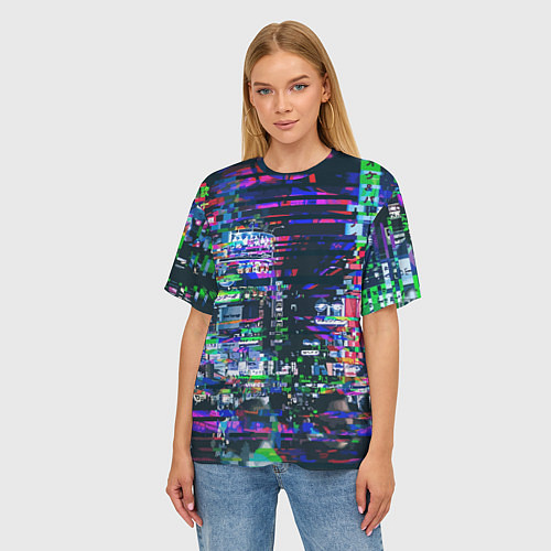 Женская футболка оверсайз Ночной город - glitch / 3D-принт – фото 3