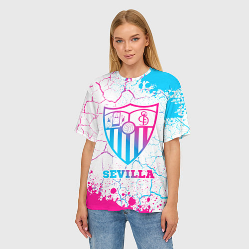 Женская футболка оверсайз Sevilla FC Neon Gradient / 3D-принт – фото 3