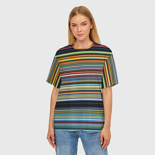 Женская футболка оверсайз Абстрактное множество разноцветных линий / 3D-принт – фото 3