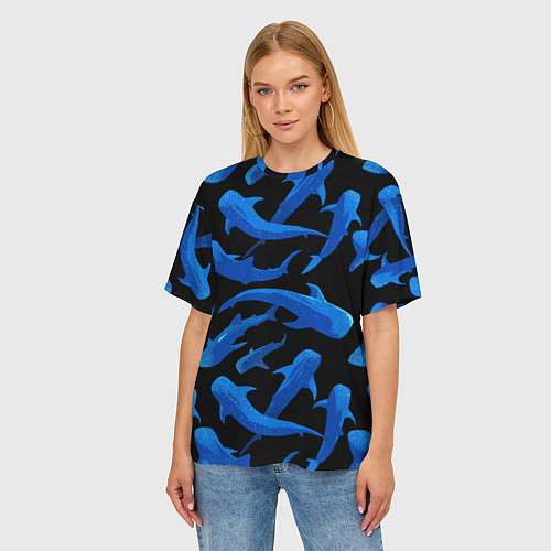 Женская футболка оверсайз Стая акул - паттерн / 3D-принт – фото 3