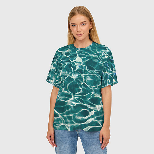 Женская футболка оверсайз Абстрактные волны в воде - Тёмно-зелёный / 3D-принт – фото 3