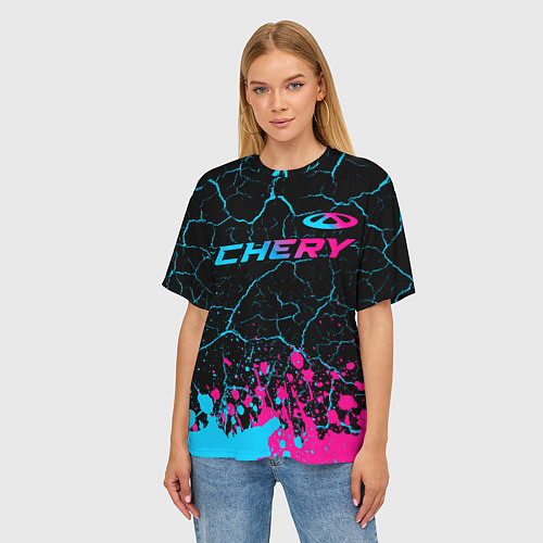 Женская футболка оверсайз Chery - neon gradient: символ сверху / 3D-принт – фото 3