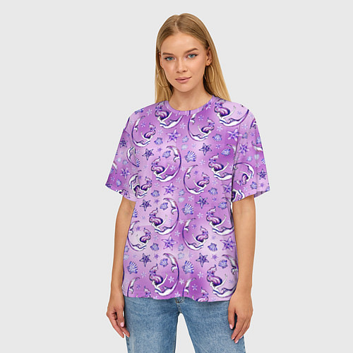 Женская футболка оверсайз Танцующие русалки на фиолетовом / 3D-принт – фото 3