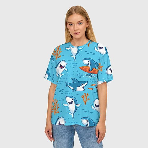 Женская футболка оверсайз Прикольные акулята - паттерн / 3D-принт – фото 3