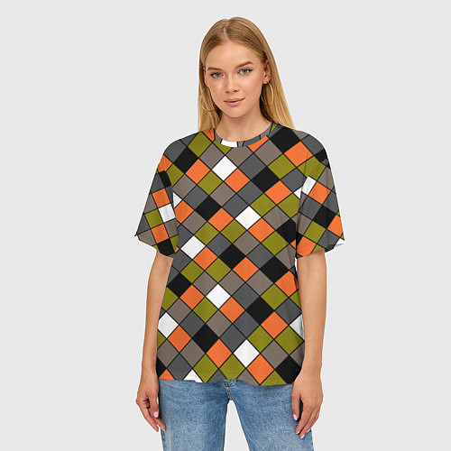 Женская футболка оверсайз Геометрический узор в коричнево-оливковых тонах / 3D-принт – фото 3