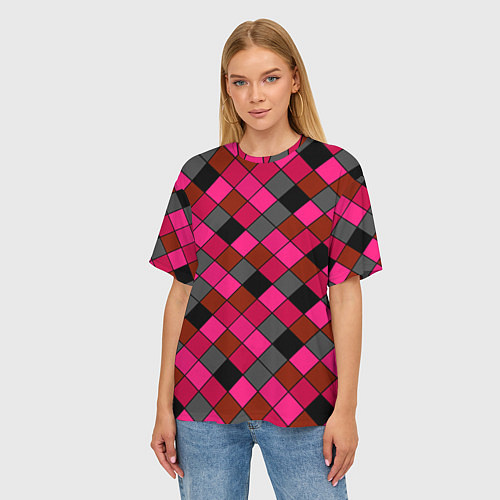 Женская футболка оверсайз Розово-красный геометрический узор / 3D-принт – фото 3