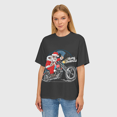 Женская футболка оверсайз Santa on a bike / 3D-принт – фото 3