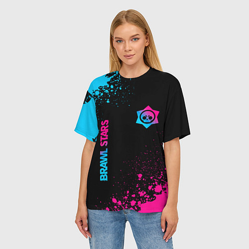 Женская футболка оверсайз Brawl Stars - neon gradient: символ и надпись верт / 3D-принт – фото 3