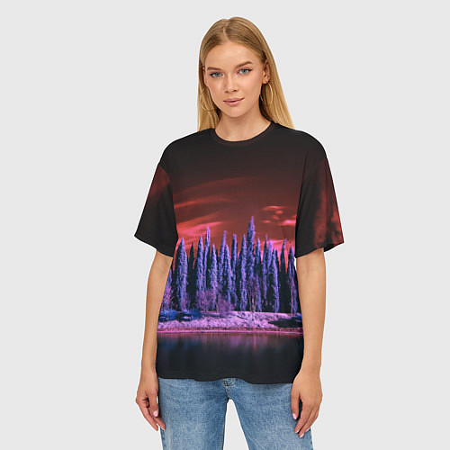 Женская футболка оверсайз Абстрактный фиолетовый лес и тёмная река / 3D-принт – фото 3