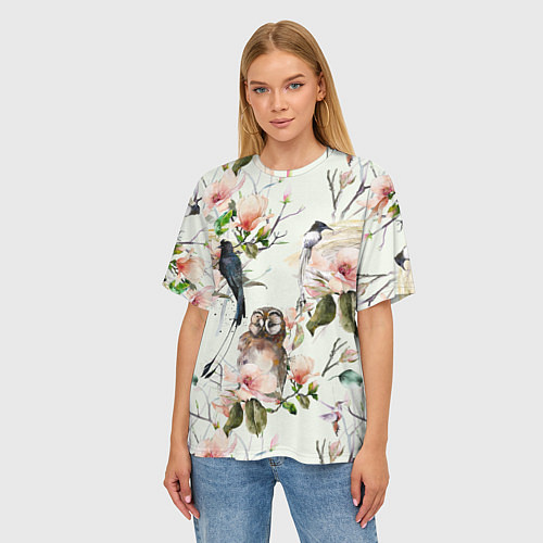 Женская футболка оверсайз Цветы Нарисованные Магнолии и Птицы / 3D-принт – фото 3