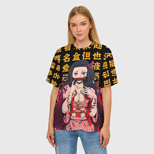 Женская футболка оверсайз Незуко тян - Клинок рассекающий демонов / 3D-принт – фото 3