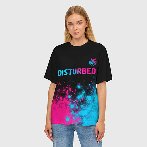 Женская футболка оверсайз Disturbed - neon gradient: символ сверху / 3D-принт – фото 3