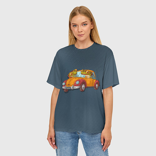 Женская футболка оверсайз Веселые лягухи на авто / 3D-принт – фото 3