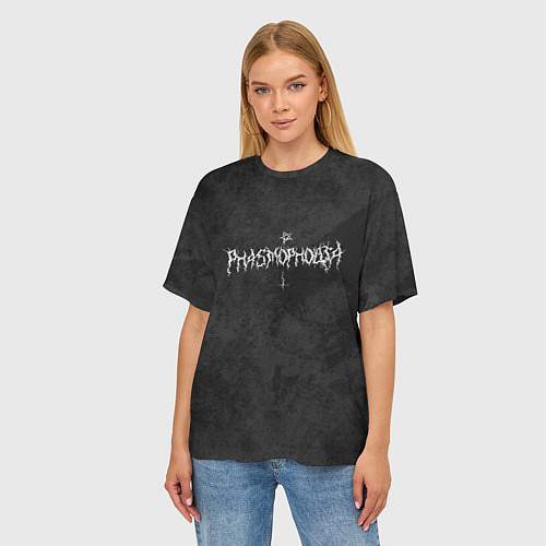 Женская футболка оверсайз Phasmophobia пентаграмма и крест на сером фоне / 3D-принт – фото 3
