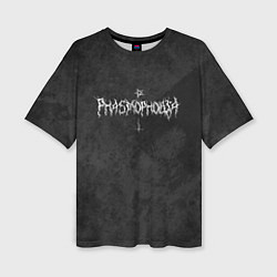 Женская футболка оверсайз Phasmophobia пентаграмма и крест на сером фоне