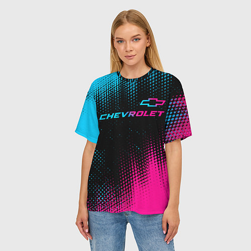 Женская футболка оверсайз Chevrolet - neon gradient: символ сверху / 3D-принт – фото 3