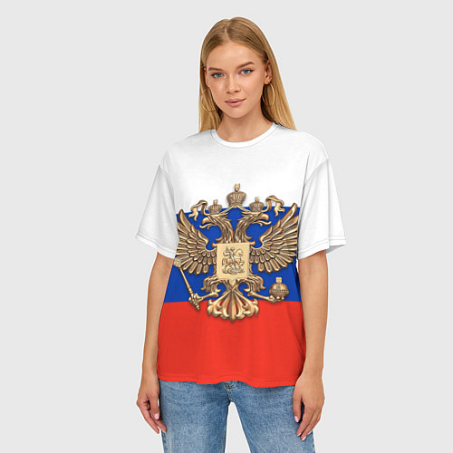 Женская футболка оверсайз Герб России на фоне флага / 3D-принт – фото 3
