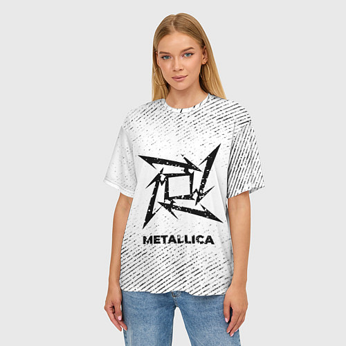 Женская футболка оверсайз Metallica с потертостями на светлом фоне / 3D-принт – фото 3