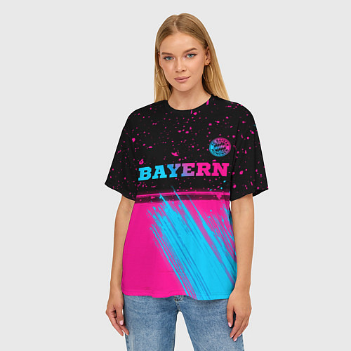 Женская футболка оверсайз Bayern - neon gradient: символ сверху / 3D-принт – фото 3