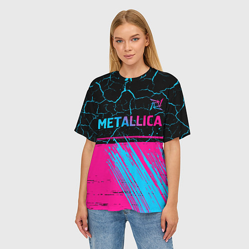 Женская футболка оверсайз Metallica - neon gradient: символ сверху / 3D-принт – фото 3