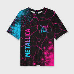 Футболка оверсайз женская Metallica - neon gradient: символ и надпись вертик, цвет: 3D-принт