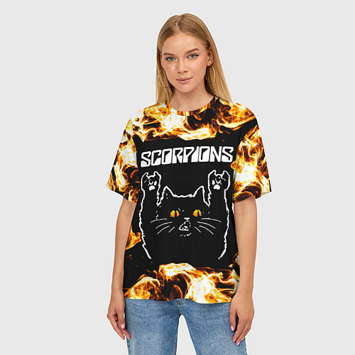 Женская футболка оверсайз Scorpions рок кот и огонь / 3D-принт – фото 3