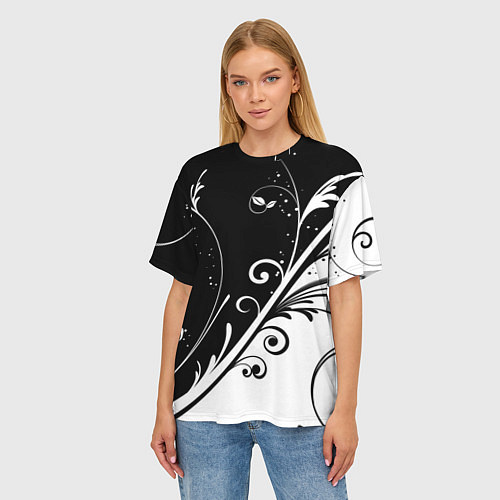 Женская футболка оверсайз Симметричные чёрно белые цветы Symmetrical black a / 3D-принт – фото 3