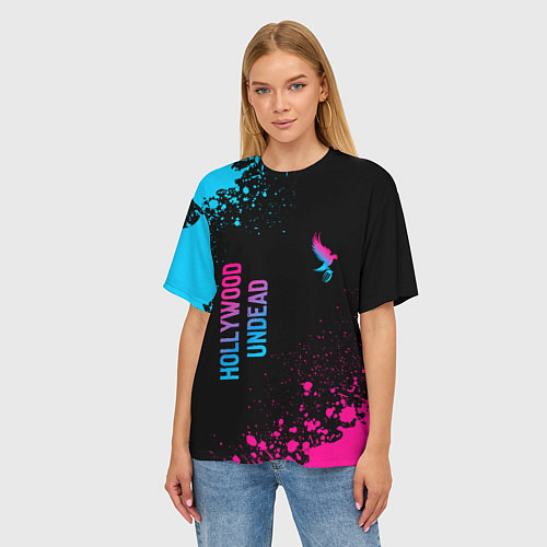 Женская футболка оверсайз Hollywood Undead - neon gradient: символ и надпись / 3D-принт – фото 3