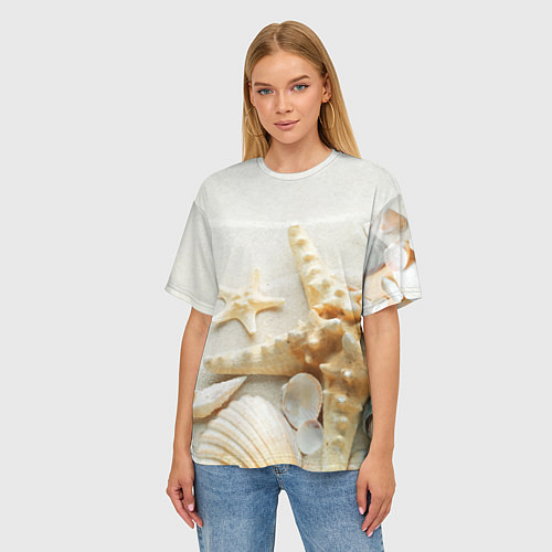 Женская футболка оверсайз Морские звёзды и ракушки на океанском берегу / 3D-принт – фото 3