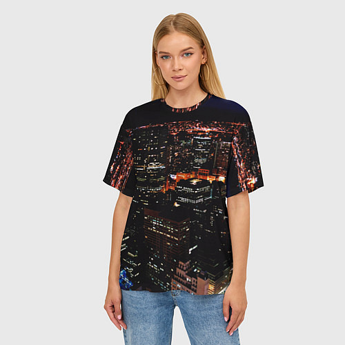 Женская футболка оверсайз Ночной город - вид с высоты / 3D-принт – фото 3
