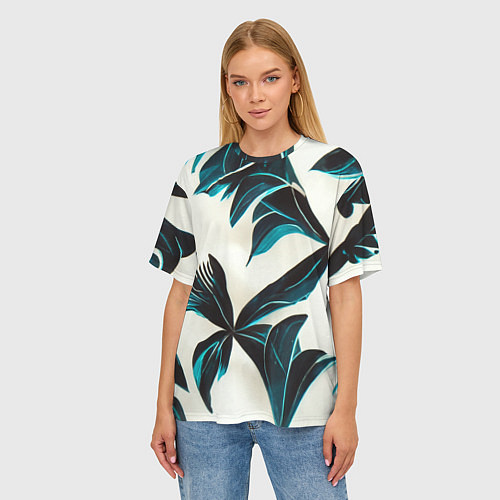 Женская футболка оверсайз Листья тропические тёмно-синие / 3D-принт – фото 3