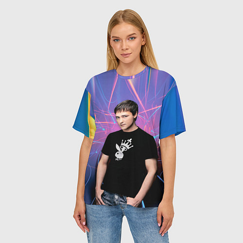 Женская футболка оверсайз Юрий Шатунов на неоновом фоне / 3D-принт – фото 3