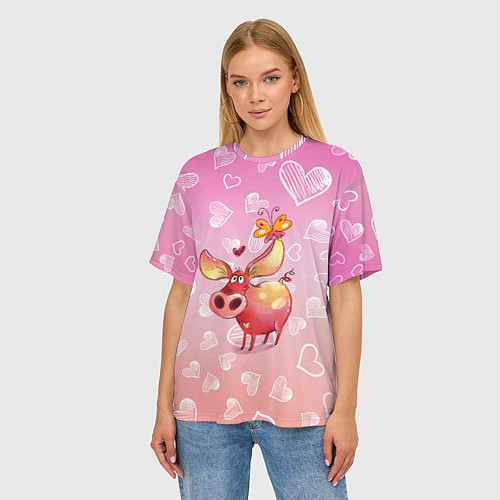 Женская футболка оверсайз Свинка с большими ушами и с бабочкой / 3D-принт – фото 3