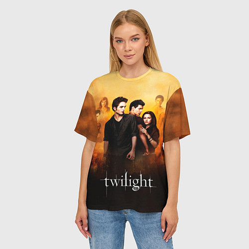 Женская футболка оверсайз Сумерки сага бежевый и черный фон / 3D-принт – фото 3
