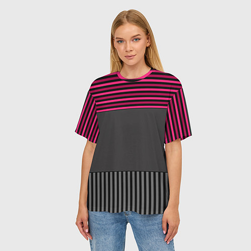Женская футболка оверсайз Комбинированный серый с красным полосатый узор / 3D-принт – фото 3