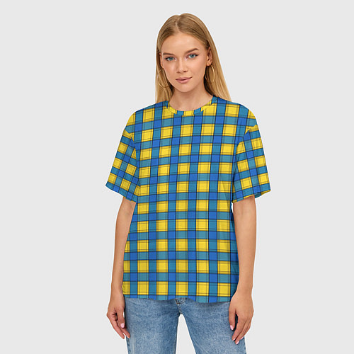 Женская футболка оверсайз Желтый с синим клетчатый модный узор / 3D-принт – фото 3
