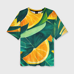 Женская футболка оверсайз Листья монстеры и дольки апельсинов
