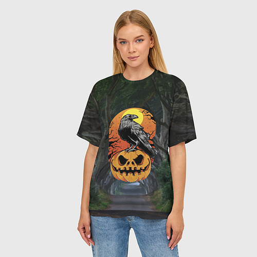 Женская футболка оверсайз Ворон, сидящий на тыкве - Halloween / 3D-принт – фото 3