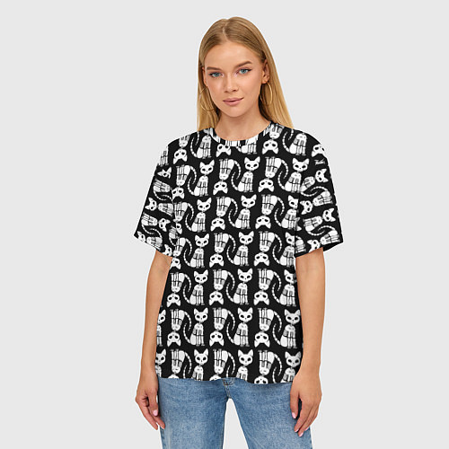 Женская футболка оверсайз Скелет кошки - Halloween pattern / 3D-принт – фото 3