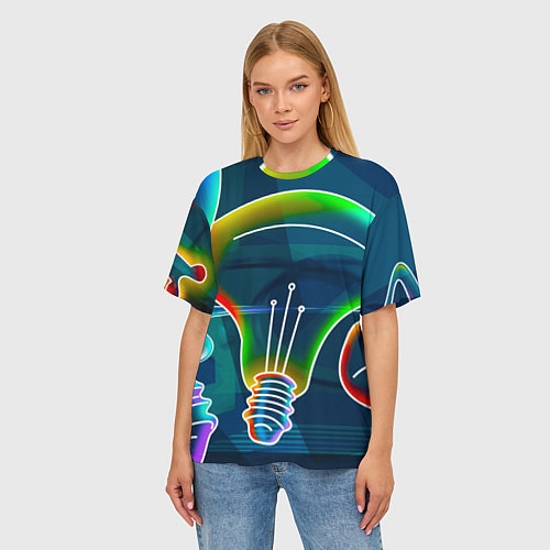 Женская футболка оверсайз Неоновые лампы - коллаж / 3D-принт – фото 3