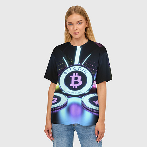 Женская футболка оверсайз Неоновый светящийся биткоин / 3D-принт – фото 3