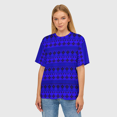 Женская футболка оверсайз Скандинавский орнамент Синий кобальт / 3D-принт – фото 3