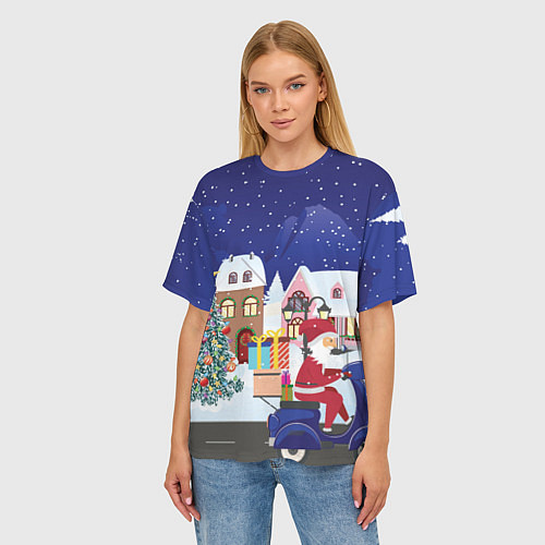 Женская футболка оверсайз Дед Мороз едет на скутере с подарками в Новогоднюю / 3D-принт – фото 3